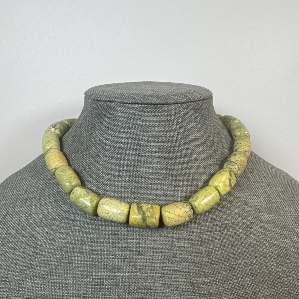 Vintage Native American Sterling Serpentine Stone Beaded Necklace 16" 120g